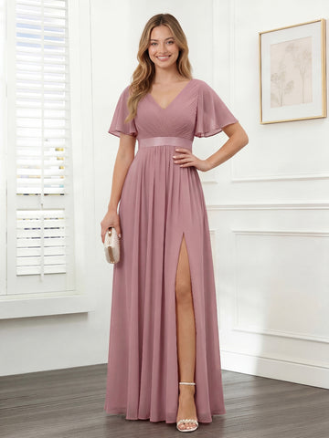 A-Line V-Neck Short Sleeves Chiffon Bridesmaid Dresses with Pockets