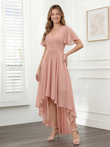 A-Line V-Neck Short Sleeves Ruched Asymmetrical Chiffon Bridesmaid Dresses