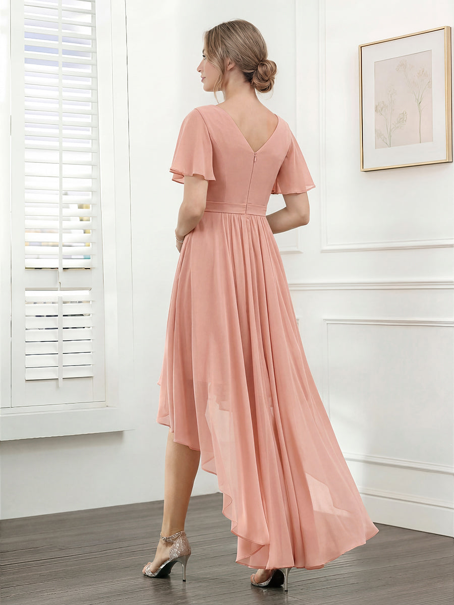 A-Line V-Neck Short Sleeves Ruched Asymmetrical Chiffon Bridesmaid Dresses