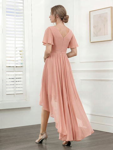 A-Line V-Neck Short Sleeves Ruched Asymmetrical Chiffon Bridesmaid Dresses