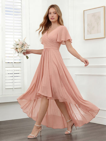 A-Line V-Neck Short Sleeves Ruched Asymmetrical Chiffon Bridesmaid Dresses