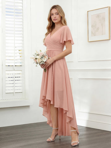 A-Line V-Neck Short Sleeves Ruched Asymmetrical Chiffon Bridesmaid Dresses