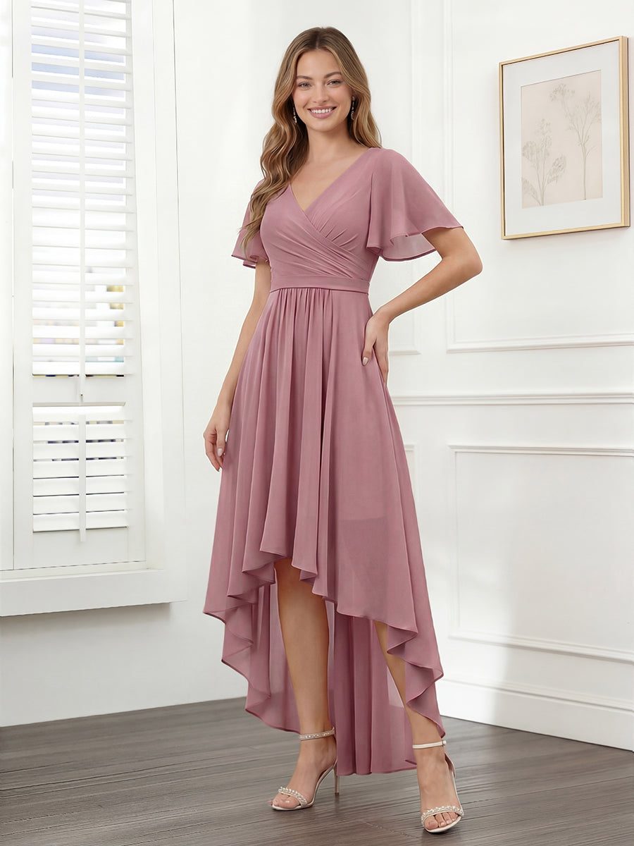 A-Line V-Neck Short Sleeves Ruched Asymmetrical Chiffon Bridesmaid Dresses