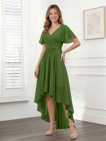 A-Line V-Neck Short Sleeves Ruched Asymmetrical Chiffon Bridesmaid Dresses