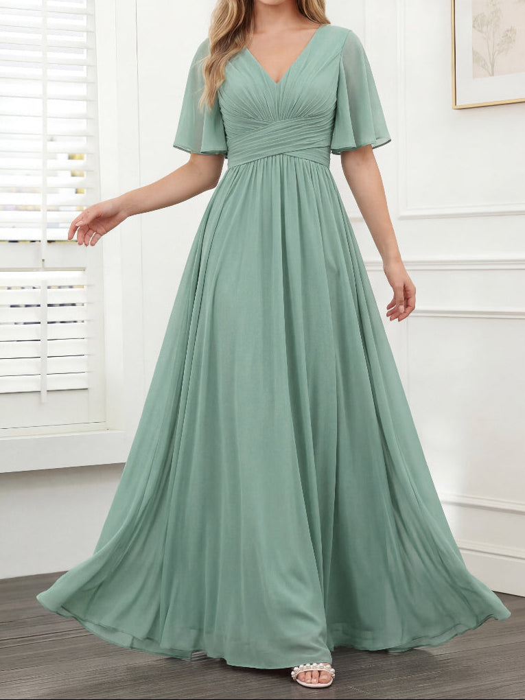 A-Line V-Neck Half Sleeves Split Side Chiffon Bridesmaid Dresses With Pockets