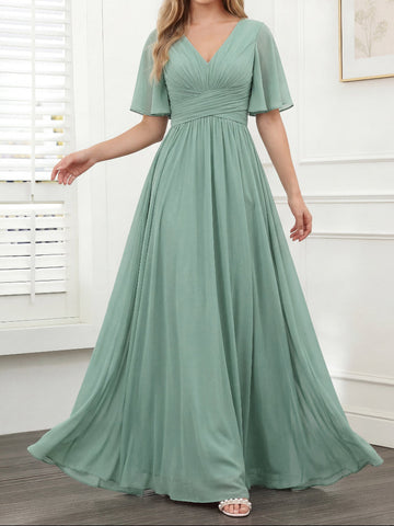 A-Line V-Neck Half Sleeves Split Side Chiffon Bridesmaid Dresses With Pockets