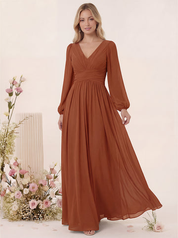 A-Line/Princess V-Neck Long Sleeves Chiffon Long Bridesmaid Dresses With Pockets