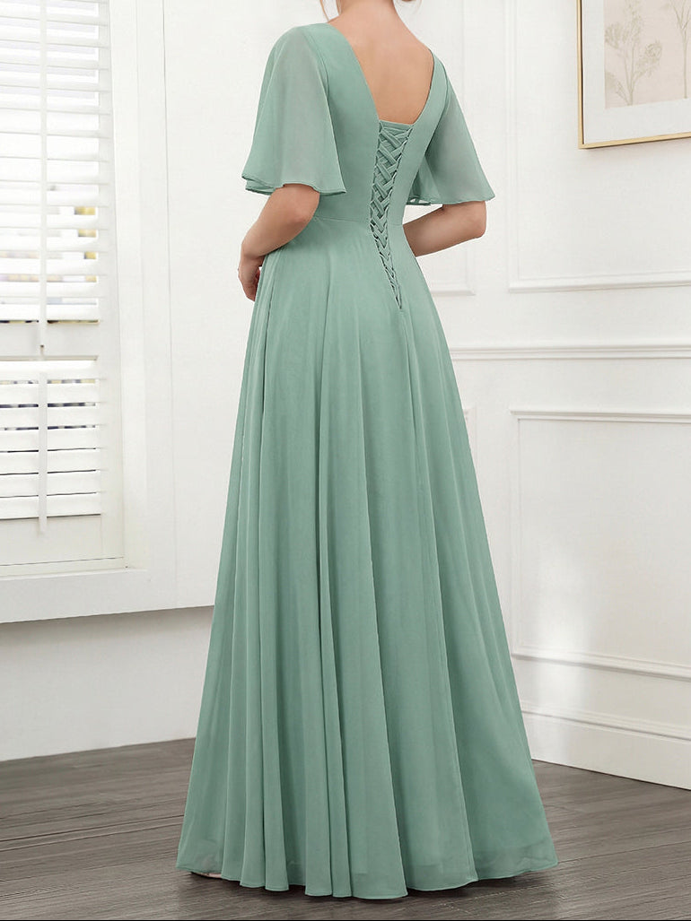 A-Line V-Neck Half Sleeves Split Side Chiffon Bridesmaid Dresses With Pockets