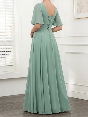 A-Line V-Neck Half Sleeves Split Side Chiffon Bridesmaid Dresses With Pockets