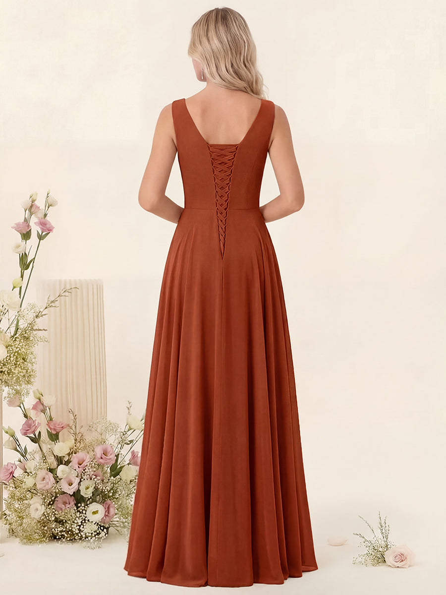 A-Line V-Neck Sleeveless Chiffon Bridesmaid Dresses With Pockets