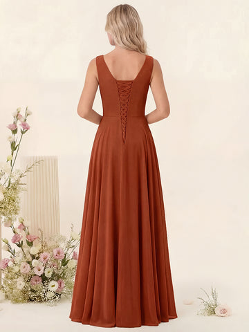 A-Line V-Neck Sleeveless Chiffon Bridesmaid Dresses With Pockets