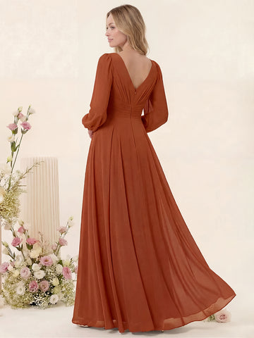 A-Line/Princess V-Neck Long Sleeves Chiffon Long Bridesmaid Dresses With Pockets