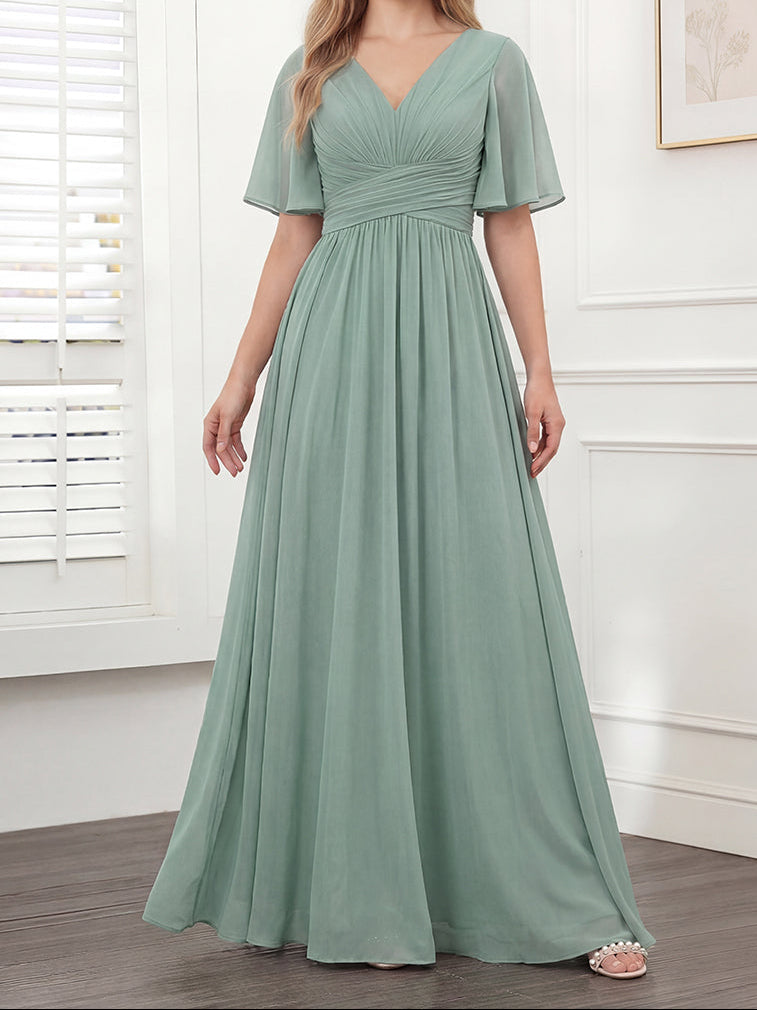 A-Line V-Neck Half Sleeves Split Side Chiffon Bridesmaid Dresses With Pockets