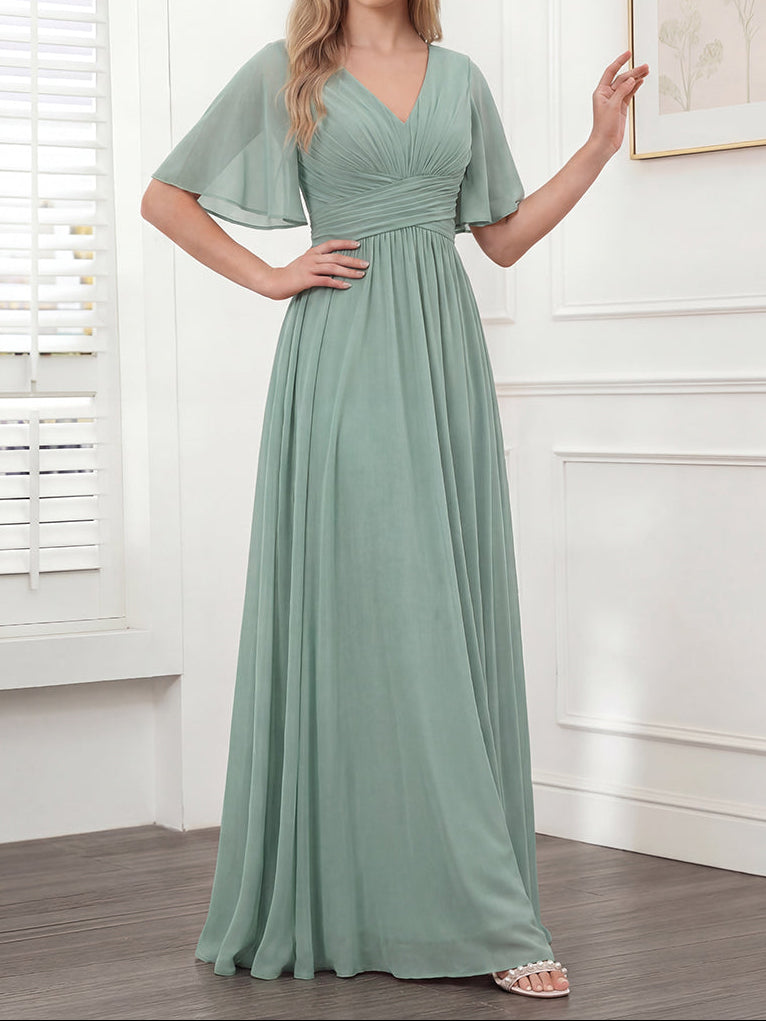 A-Line V-Neck Half Sleeves Split Side Chiffon Bridesmaid Dresses With Pockets