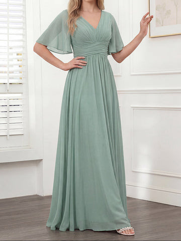 A-Line V-Neck Half Sleeves Split Side Chiffon Bridesmaid Dresses With Pockets