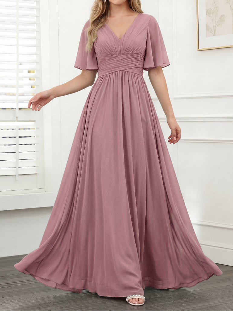 A-Line V-Neck Half Sleeves Split Side Chiffon Bridesmaid Dresses With Pockets