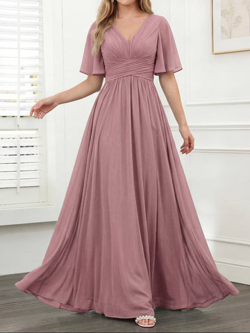 A-Line V-Neck Half Sleeves Split Side Chiffon Bridesmaid Dresses With Pockets