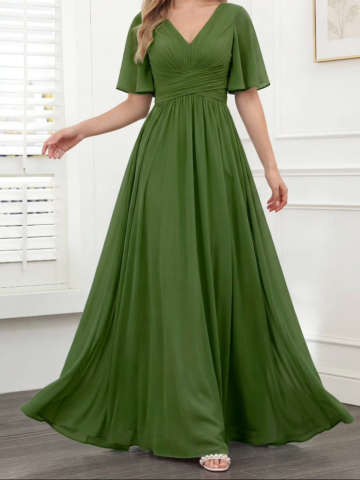A-Line V-Neck Half Sleeves Split Side Chiffon Bridesmaid Dresses With Pockets