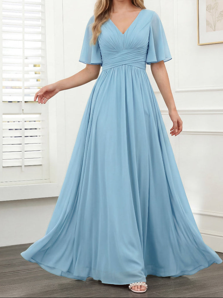 A-Line V-Neck Half Sleeves Split Side Chiffon Bridesmaid Dresses With Pockets