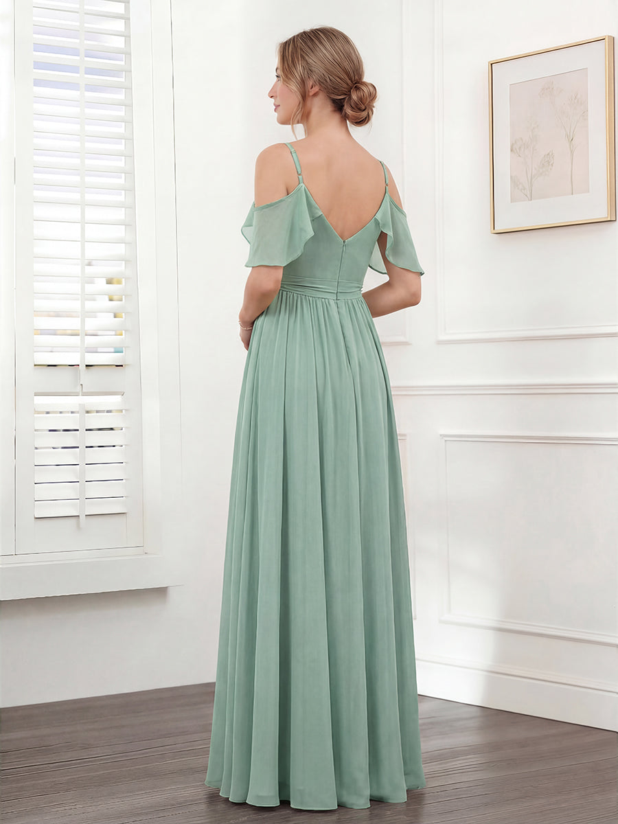 A-Line V-Neck Spaghetti Straps Chiffon Bridesmaid Dresses with Pockets
