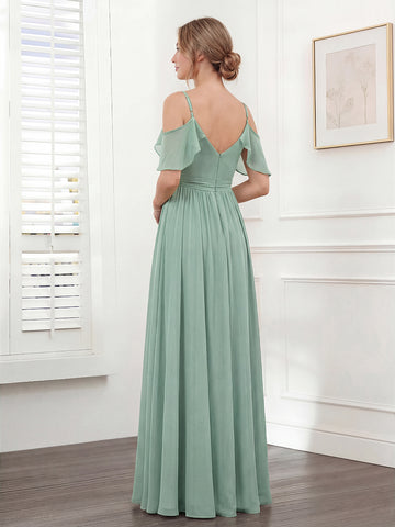 A-Line V-Neck Spaghetti Straps Chiffon Bridesmaid Dresses with Pockets