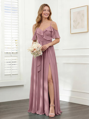 A-Line V-Neck Spaghetti Straps Chiffon Bridesmaid Dresses with Pockets