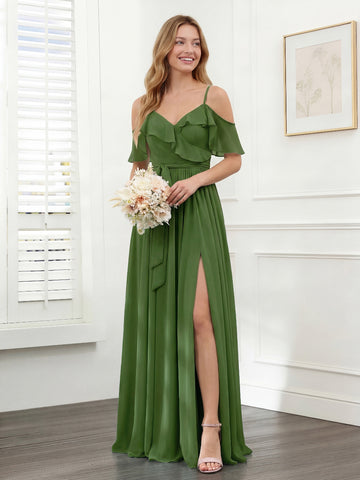 A-Line V-Neck Spaghetti Straps Chiffon Bridesmaid Dresses with Pockets
