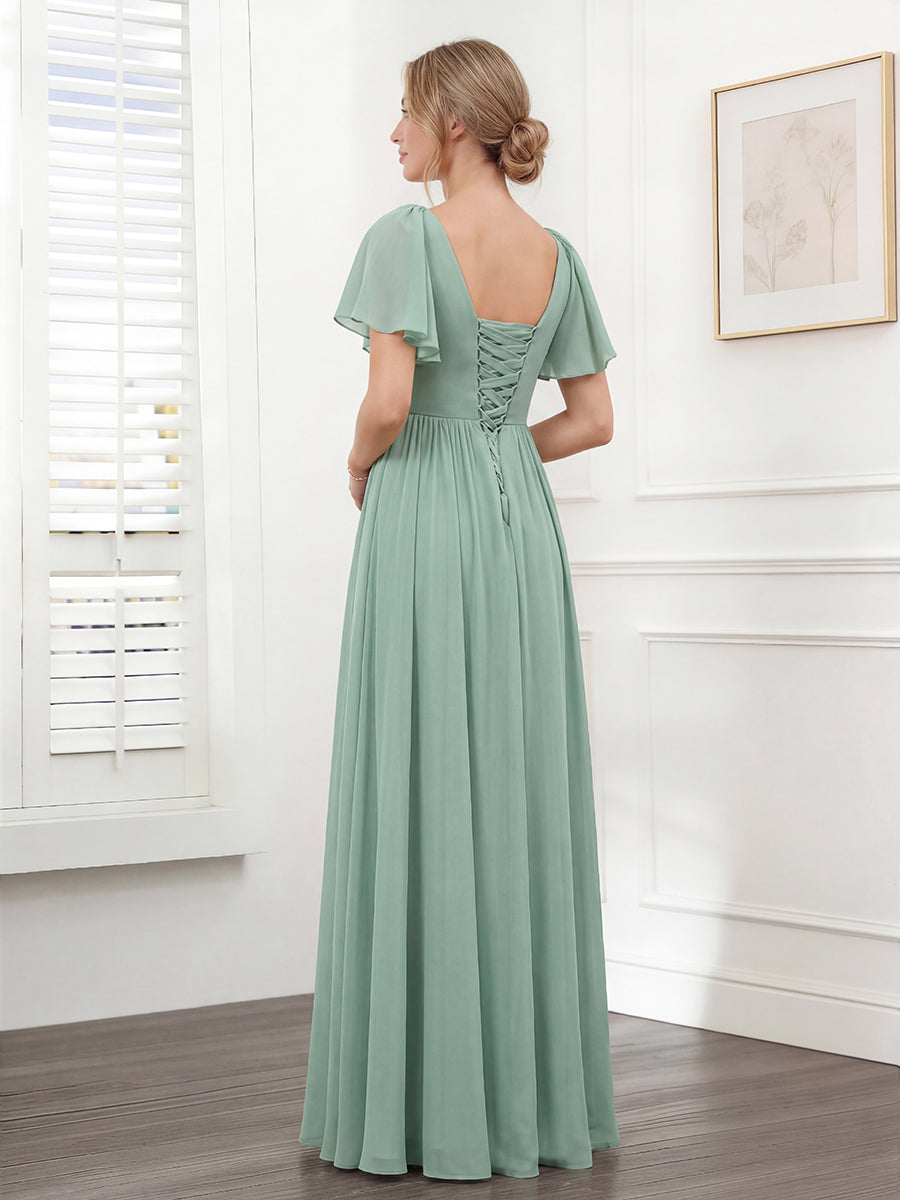 A-Line V-Neck Short Sleeves Split Side Chiffon Bridesmaid Dresses with Pockets