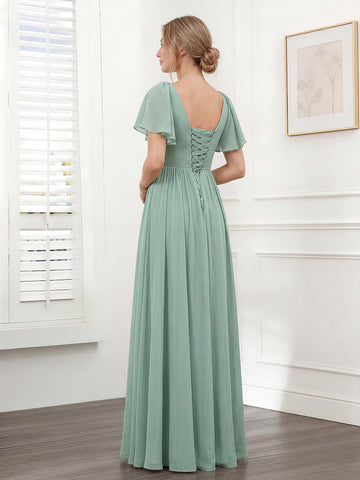 A-Line V-Neck Short Sleeves Split Side Chiffon Bridesmaid Dresses with Pockets