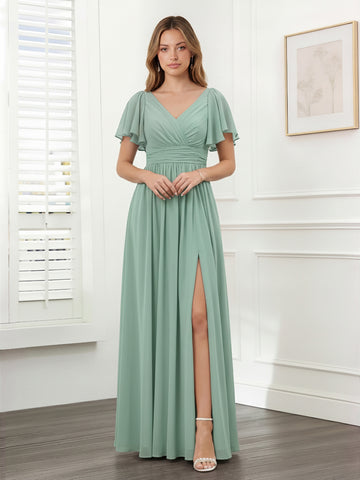 A-Line V-Neck Short Sleeves Split Side Chiffon Bridesmaid Dresses with Pockets