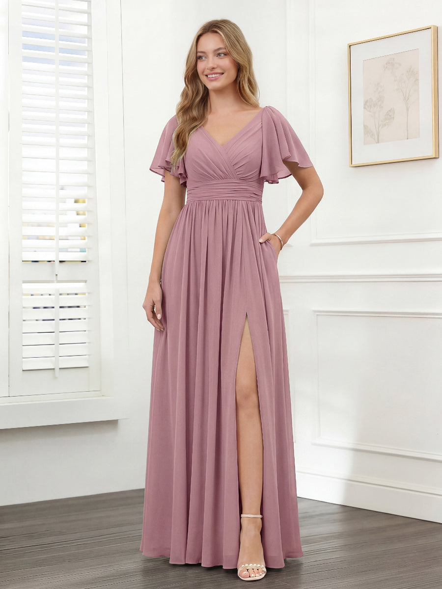 A-Line V-Neck Short Sleeves Split Side Chiffon Bridesmaid Dresses with Pockets