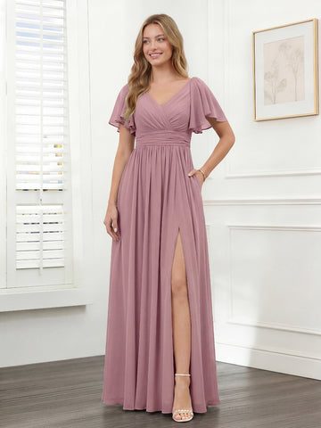 A-Line V-Neck Short Sleeves Split Side Chiffon Bridesmaid Dresses with Pockets