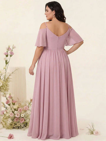 A-Line/Princess Spaghetti Straps Half Sleeves Chiffon Plus Size Bridesmaid Dresses with Pockets