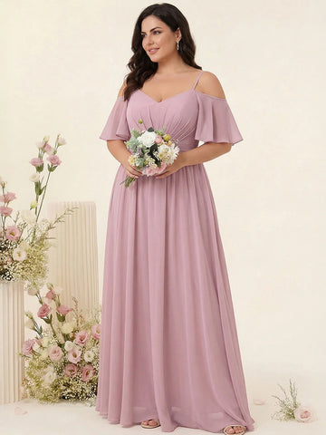 A-Line/Princess Spaghetti Straps Half Sleeves Chiffon Plus Size Bridesmaid Dresses with Pockets