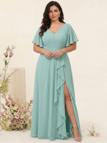 A-Line/Princess V-Neck Half Sleeves Chiffon Ruffles Plus Size Bridesmaid Dresses with Split Side