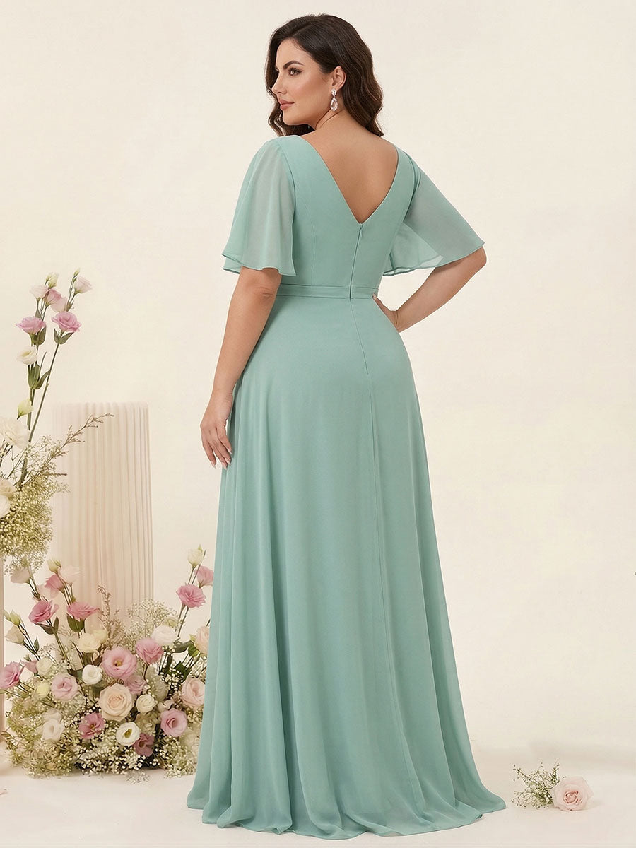 A-Line/Princess V-Neck Half Sleeves Chiffon Ruffles Plus Size Bridesmaid Dresses with Split Side