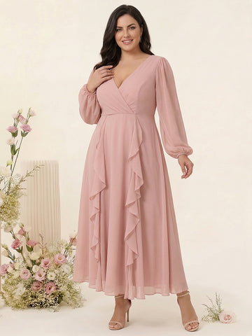 A-Line/Princess V-Neck Long Sleeves Chiffon Tea-Length Ruffles Plus Size Bridesmaid Dresses with Pockets