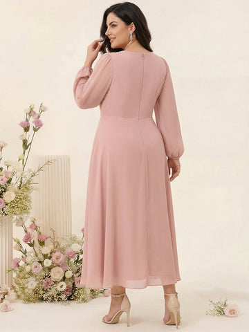A-Line/Princess V-Neck Long Sleeves Chiffon Tea-Length Ruffles Plus Size Bridesmaid Dresses with Pockets