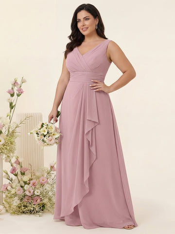 A-Line/Princess V-Neck Sleeveless Chiffon Ruffles Plus Size Bridesmaid Dresses with Pockets