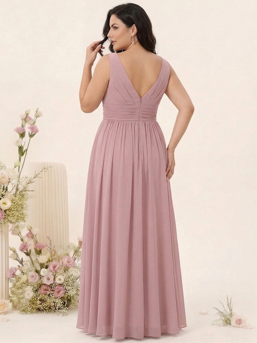 A-Line/Princess V-Neck Sleeveless Chiffon Ruffles Plus Size Bridesmaid Dresses with Pockets