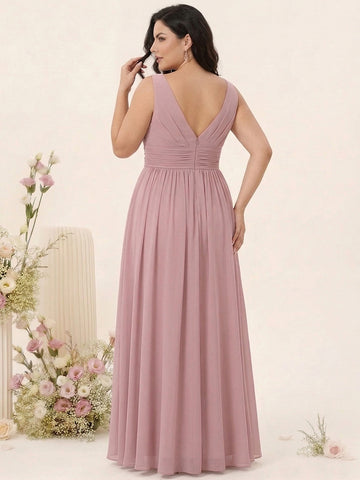 A-Line/Princess V-Neck Sleeveless Chiffon Ruffles Plus Size Bridesmaid Dresses with Pockets