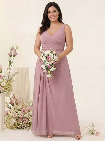 A-Line/Princess Spaghetti Straps Sleeveless Chiffon Split Side Plus Size Bridesmaid Dresses with Pockets
