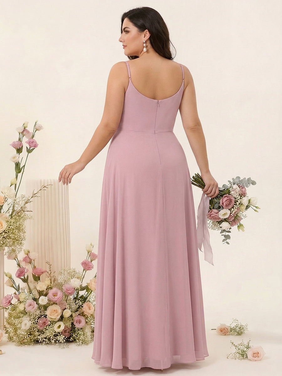 A-Line/Princess Spaghetti Straps Sleeveless Chiffon Split Side Plus Size Bridesmaid Dresses with Pockets
