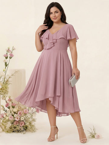 A-Line/Princess V-Neck Short Sleeves Chiffon Ruffles High-Low Plus Size Bridesmaid Dresses with Pockets