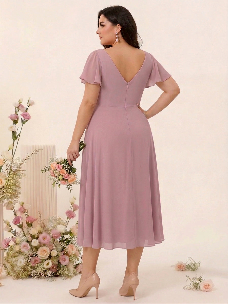 A-Line/Princess V-Neck Short Sleeves Chiffon Ruffles High-Low Plus Size Bridesmaid Dresses with Pockets
