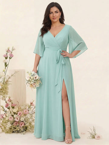 A-Line/Princess V-Neck Long Sleeves Chiffon Split Side Plus Size Bridesmaid Dresses With Pockets Belt