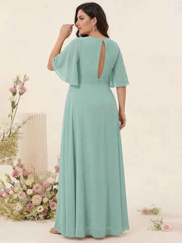 A-Line/Princess V-Neck Long Sleeves Chiffon Split Side Plus Size Bridesmaid Dresses With Pockets Belt