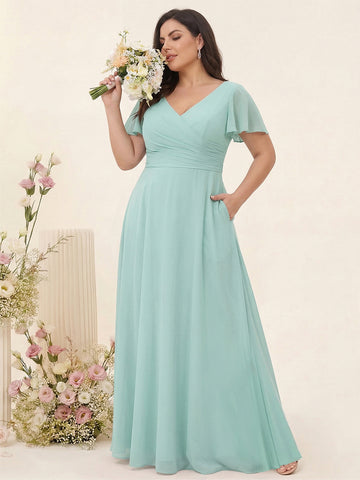 A-Line/Princess V-Neck Short Sleeves Chiffon Split Side Plus Size Bridesmaid Dresses with Pockets