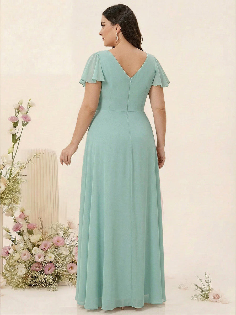 A-Line/Princess V-Neck Short Sleeves Chiffon Split Side Plus Size Bridesmaid Dresses with Pockets