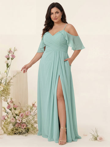 A-Line/Princess Spaghetti Straps Short Sleeves Chiffon Ruched Split Side Plus Size Bridesmaid Dresses with Pockets